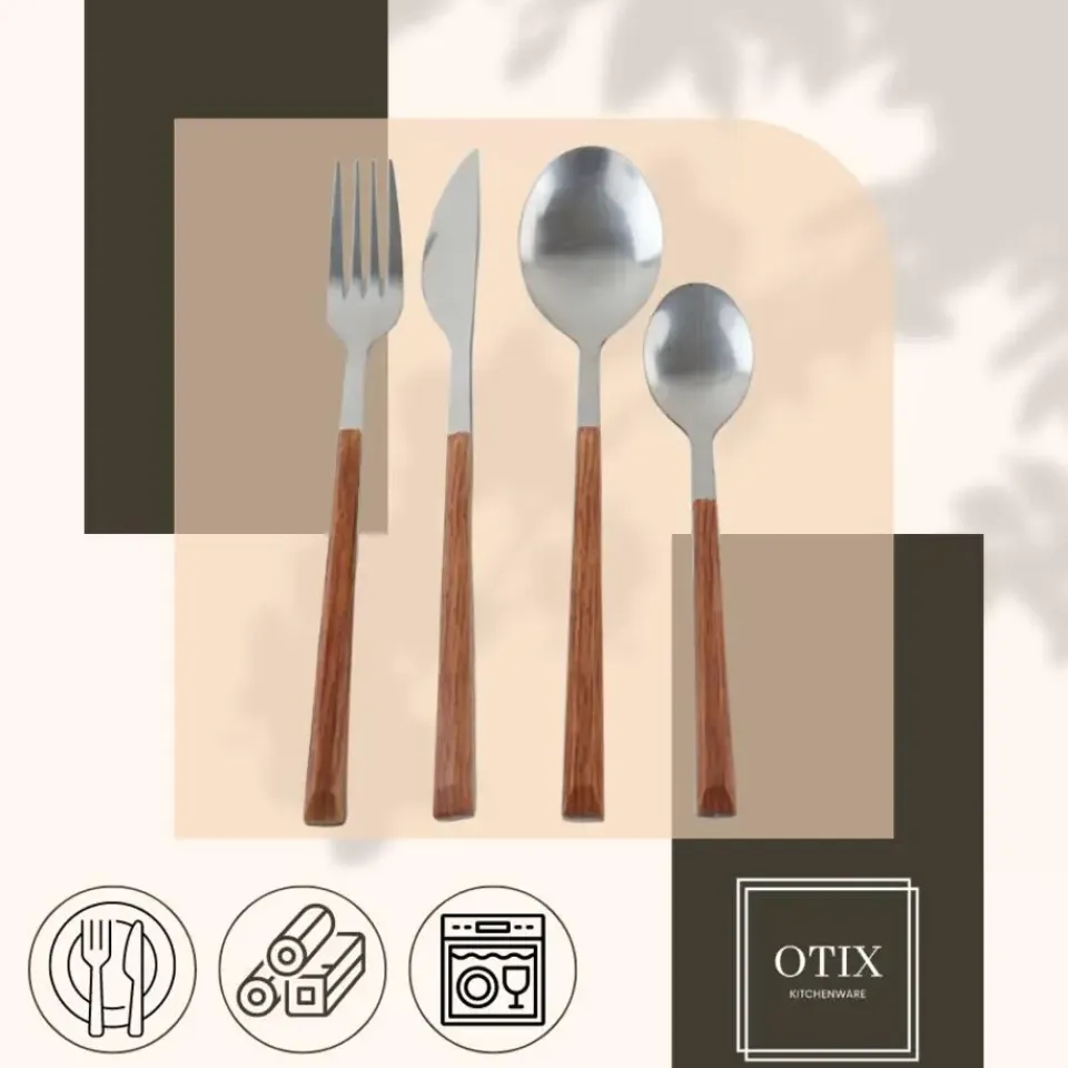 OTIX Bestekset 4 persoons RVS met Houtlook 16-delig Outlet