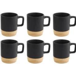 OTIX Espresso Kopjes Zwart Set van 6 120ml met Bamboe Onderzetter New