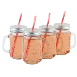 OTIX Mason jar Drinkbeker met Rietje Set van 4 Zilvere dop 450 ml Clearance