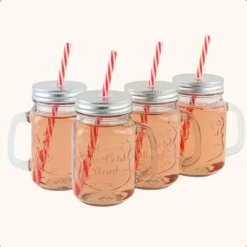 OTIX Mason jar Drinkbeker met Rietje Set van 4 Zilvere dop 450 ml Clearance