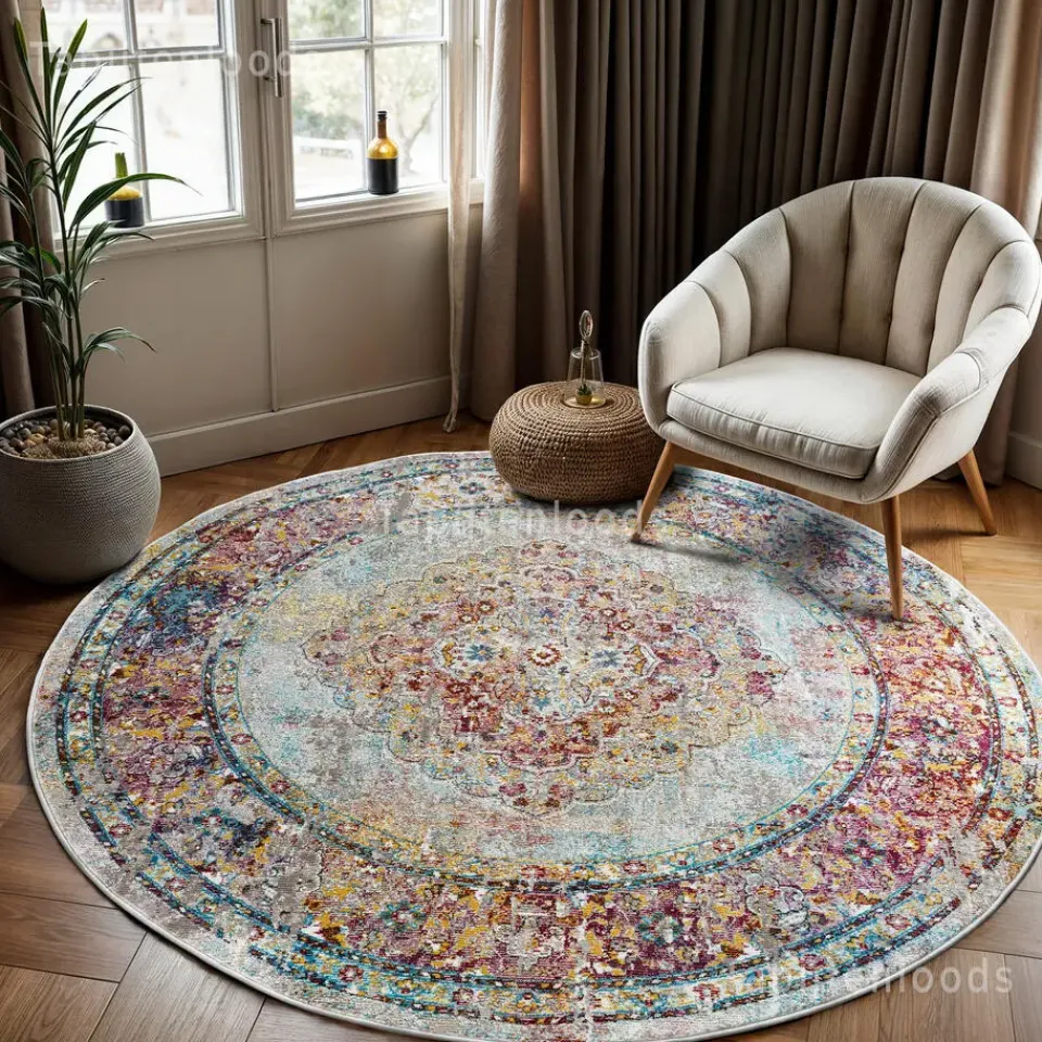Muratap Picasso Keshan Vintage Rond Vloerkleed Multi / Beige Laagpolig - 200 CM ROND
