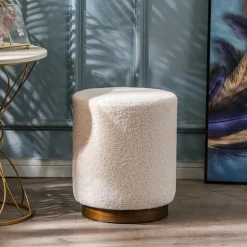 Nordlys Poef met witte krullen en houten basis Discount