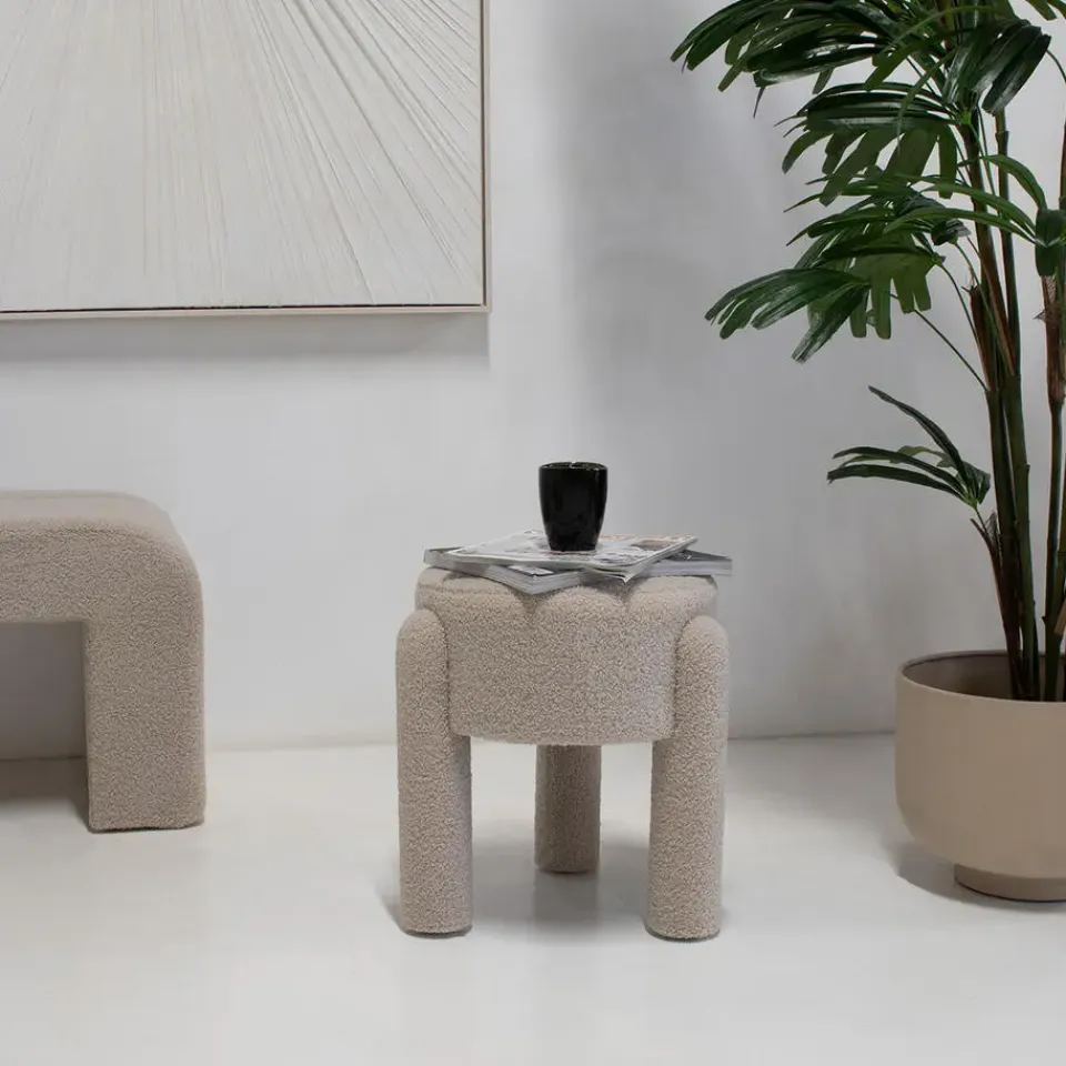 Giga Meubel Poef Taupe Bouclé - 44x44x42cm - Yara Sale