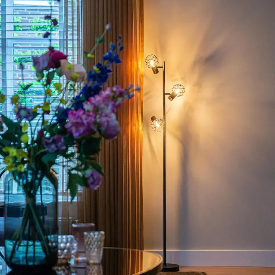 QAZQA Design vloerlamp zwart 3-lichts verstelbaar - Mesh - Zwart Online
