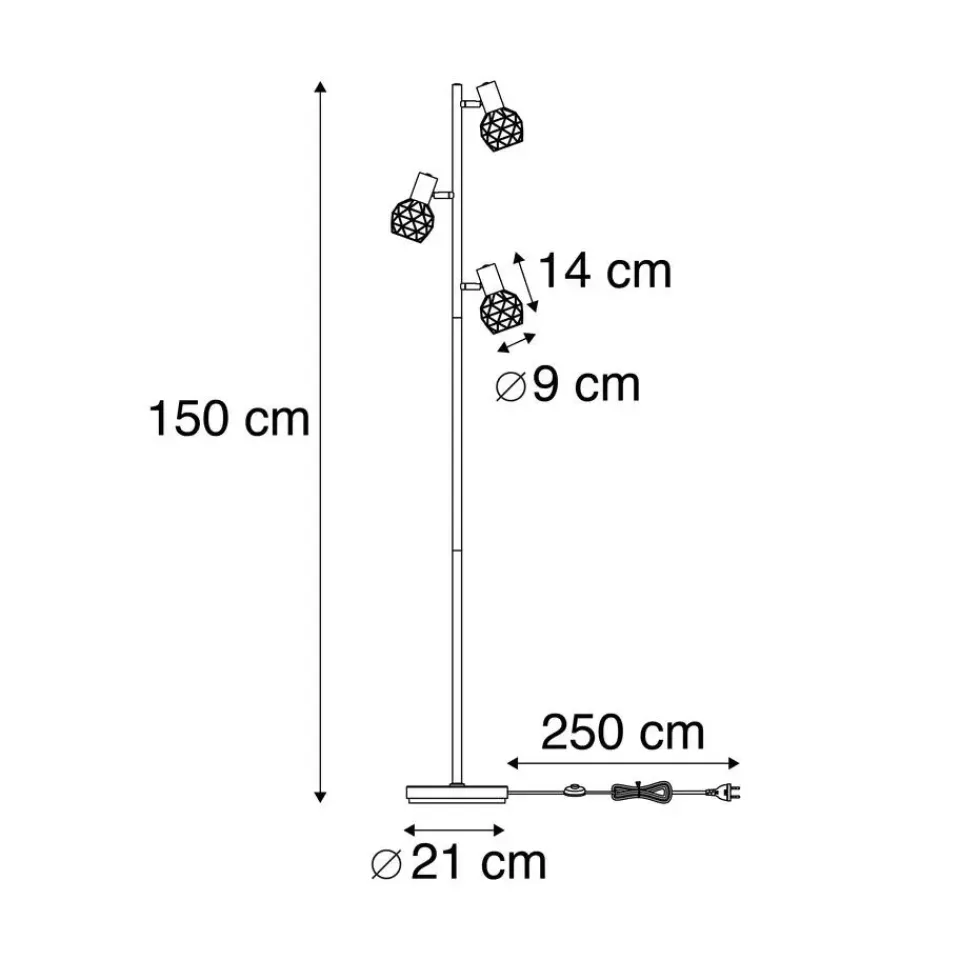 QAZQA Design vloerlamp zwart 3-lichts verstelbaar - Mesh - Zwart Online