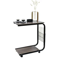 QUVIO Bijzettafel op wieltjes met opbergmandje - metaal + hout Sale
