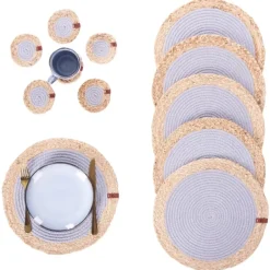 Leen Bakker ROSELLA - Set 12 placemats en onderzetters - Grijs/Natuurlijk - Jute Discount
