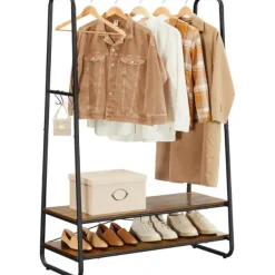 Vasagle Rustiek bruin/zwart stalen kledingrek met 2 planken en 6 haken Discount