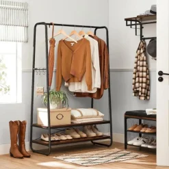 Vasagle Rustiek bruin/zwart stalen kledingrek met 2 planken en 6 haken Discount