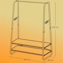 Vasagle Rustiek bruin/zwart stalen kledingrek met 2 planken en 6 haken Discount