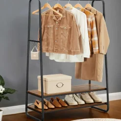 Vasagle Rustiek bruin/zwart stalen kledingrek met 2 planken en 6 haken Discount