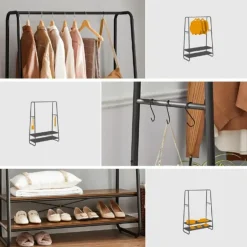 Vasagle Rustiek bruin/zwart stalen kledingrek met 2 planken en 6 haken Discount