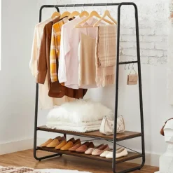 Vasagle Rustiek bruin/zwart stalen kledingrek met 2 planken en 6 haken Discount