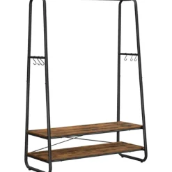 Vasagle Rustiek bruin/zwart stalen kledingrek met 2 planken en 6 haken Discount
