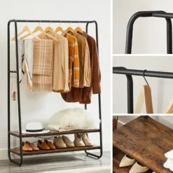 Vasagle Rustiek bruin/zwart stalen kledingrek met 2 planken en 6 haken Discount