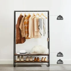 Vasagle Rustiek bruin/zwart stalen kledingrek met 2 planken en 6 haken Discount