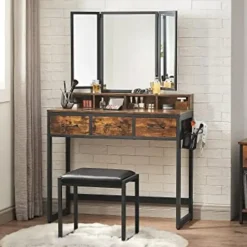 Vasagle Rustieke zwart/bruine kaptafelset met spiegel en krukje Online