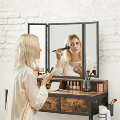 Vasagle Rustieke zwart/bruine kaptafelset met spiegel en krukje Online