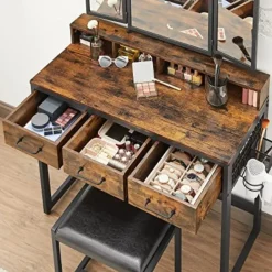 Vasagle Rustieke zwart/bruine kaptafelset met spiegel en krukje Online