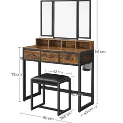 Vasagle Rustieke zwart/bruine kaptafelset met spiegel en krukje Online