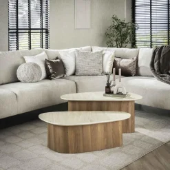 Giga Living Salontafel Driehoek Walnoot/Travertin - 90x43x40cm - Set Van 2 New