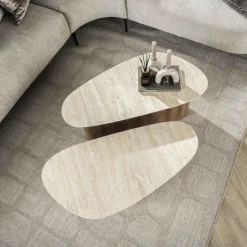 Giga Living Salontafel Driehoek Walnoot/Travertin - 90x43x40cm - Set Van 2 New