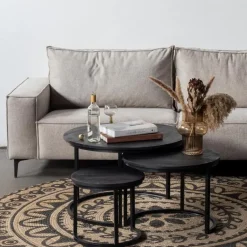 Giga Meubel Salontafel Rond - Mangohout Zwart - Set Van 3 - Tres