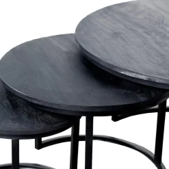 Giga Meubel Salontafel Rond - Mangohout Zwart - Set Van 3 - Tres