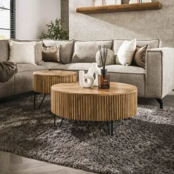 Giga Living Salontafel Rond 80cm - Naturel Mangohout - Set Van 2 - Wave Sale