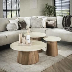 Giga Living Salontafel Rond Walnoot/Travertin - 80x80x35cm - Set Van 3 Outlet