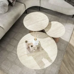 Giga Living Salontafel Rond Walnoot/Travertin - 80x80x35cm - Set Van 3 Outlet