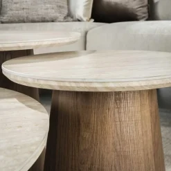 Giga Living Salontafel Rond Walnoot/Travertin - 80x80x35cm - Set Van 3 Outlet