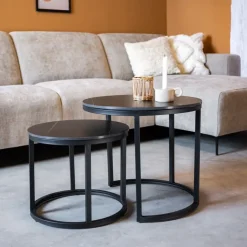 Dimehouse Salontafel set van 2 Paige marmer zwart rond - 53x53x47 cm - Stoneware - Zwart Online