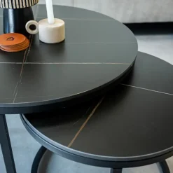 Dimehouse Salontafel set van 2 Trevor marmer zwart rond - 68x68x43 cm - Stoneware - Zwart New