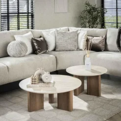 Giga Living Salontafel Walnoot/Travertin - 76x76x30cm - Set Van 2 Online