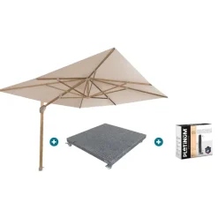 4-Seasons Outdoor 4-Seasons zweefparasol Hacienda 300 x 400 - Woodlook/Sand met voet en hoes Sale