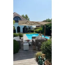 4-Seasons Outdoor 4-Seasons zweefparasol Hacienda 300 x 400 - Woodlook/Sand met voet en hoes Sale