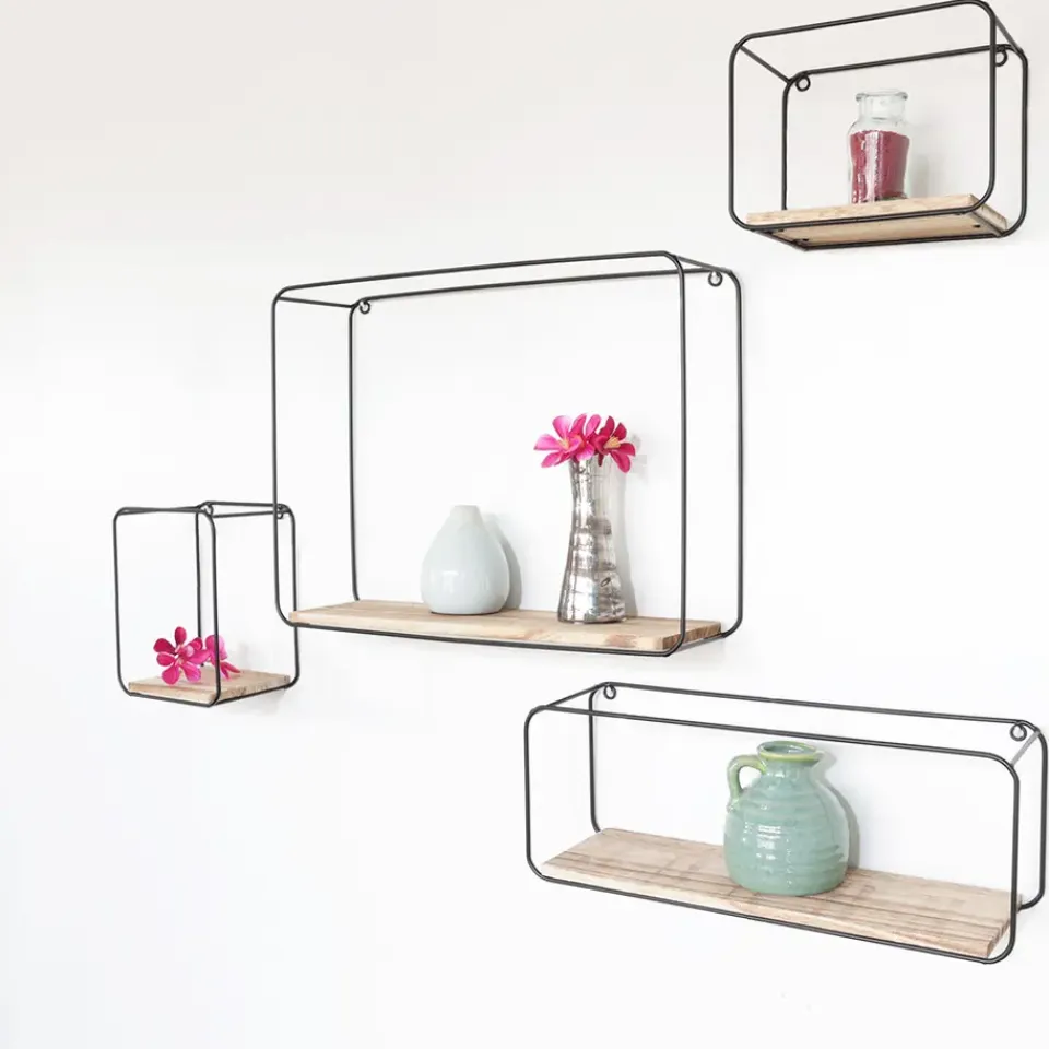 IVOL Set van 4 rechthoekige metalen wandrekjes met houten plankje - Zwart Best