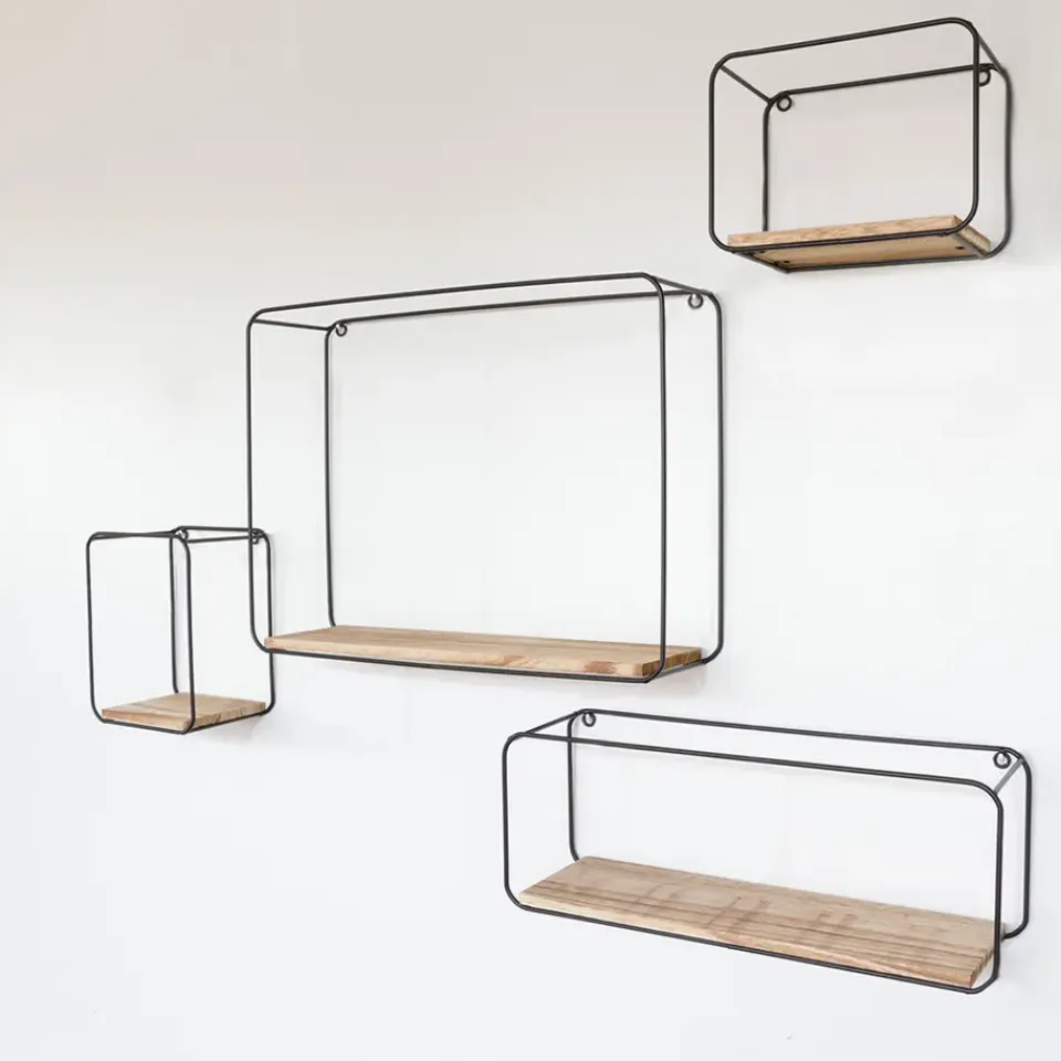 IVOL Set van 4 rechthoekige metalen wandrekjes met houten plankje - Zwart Best