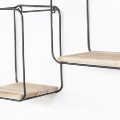 IVOL Set van 4 rechthoekige metalen wandrekjes met houten plankje - Zwart Best