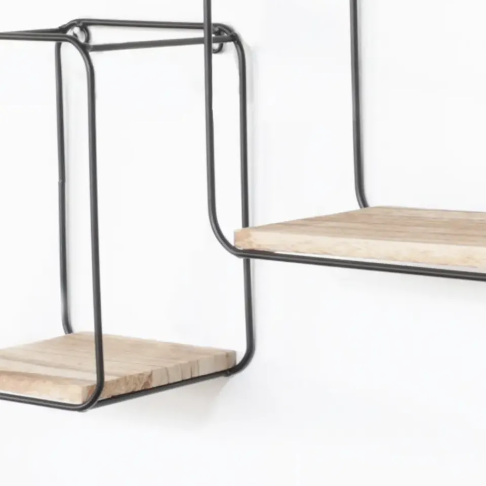 IVOL Set van 4 rechthoekige metalen wandrekjes met houten plankje - Zwart Best