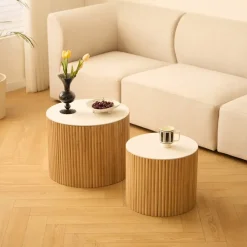 Nordlys Set van 2 ronde salontafels van massief hout met opbergruimte Clearance