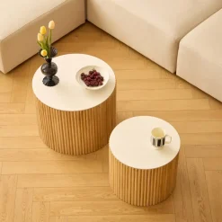 Nordlys Set van 2 ronde salontafels van massief hout met opbergruimte Clearance