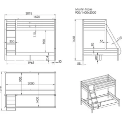 Vipack Stapelbed Triple 3-persoons hout - grijs Best