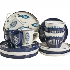 Leen Bakker TAMARIND - 16-delige serviesset - Wit/Blauw - Porselein Sale