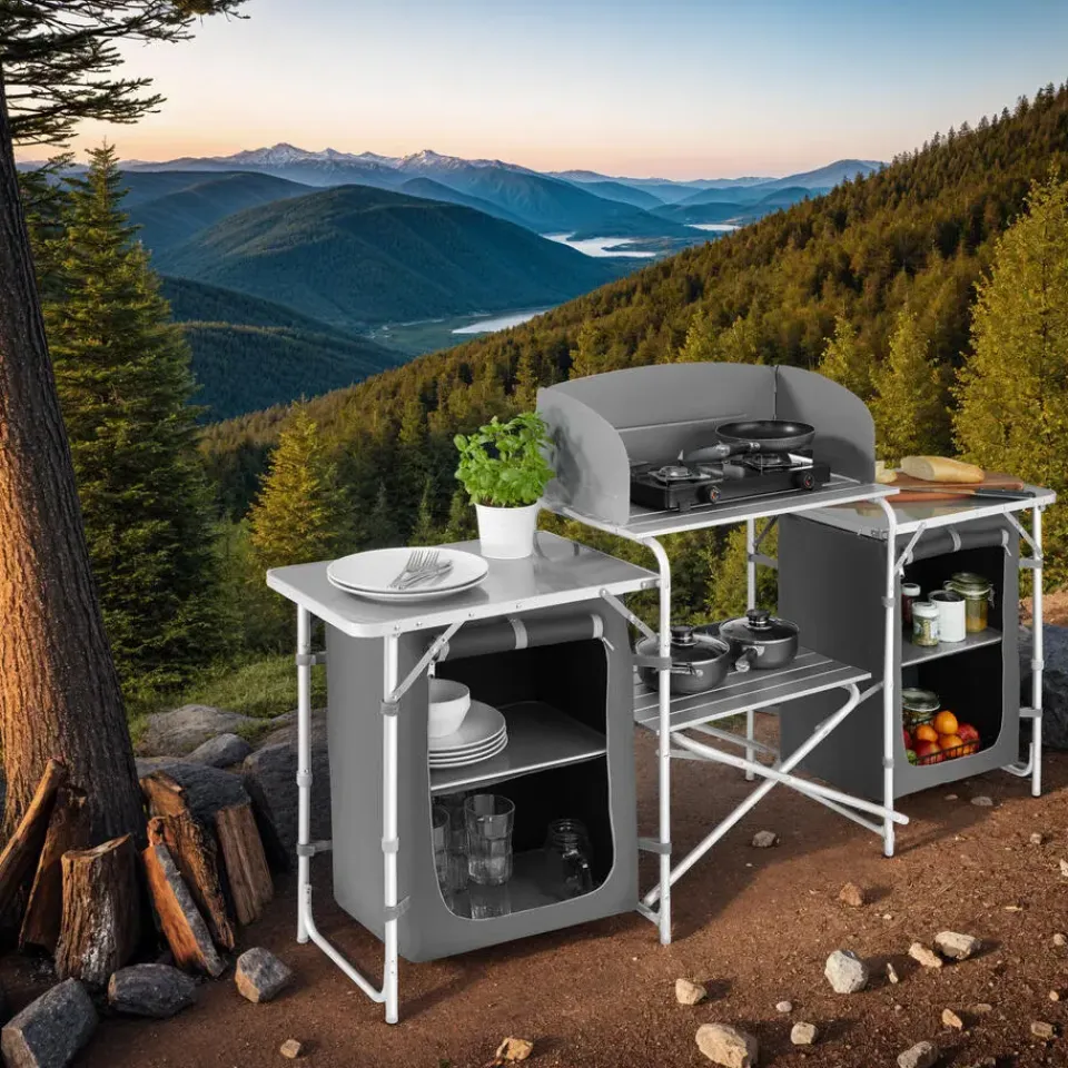 tectake - Campingkeuken 172x52x104cm, Grijs Sale
