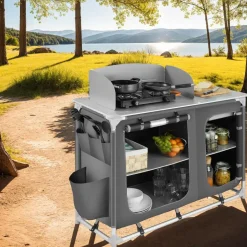tectake - Campingkeuken 116x52x107cm, Grijs New