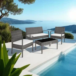 tectake - loungeset - bank, stoelen en tafel - wicker - grijs Outlet