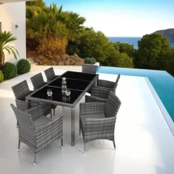 tectake - tuinset 8 stoelen en tafel - wicker - grijs Clearance