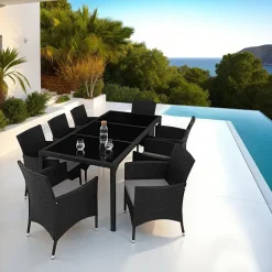 tectake - tuinset 8 stoelen en tafel - wicker - zwart / grijs
